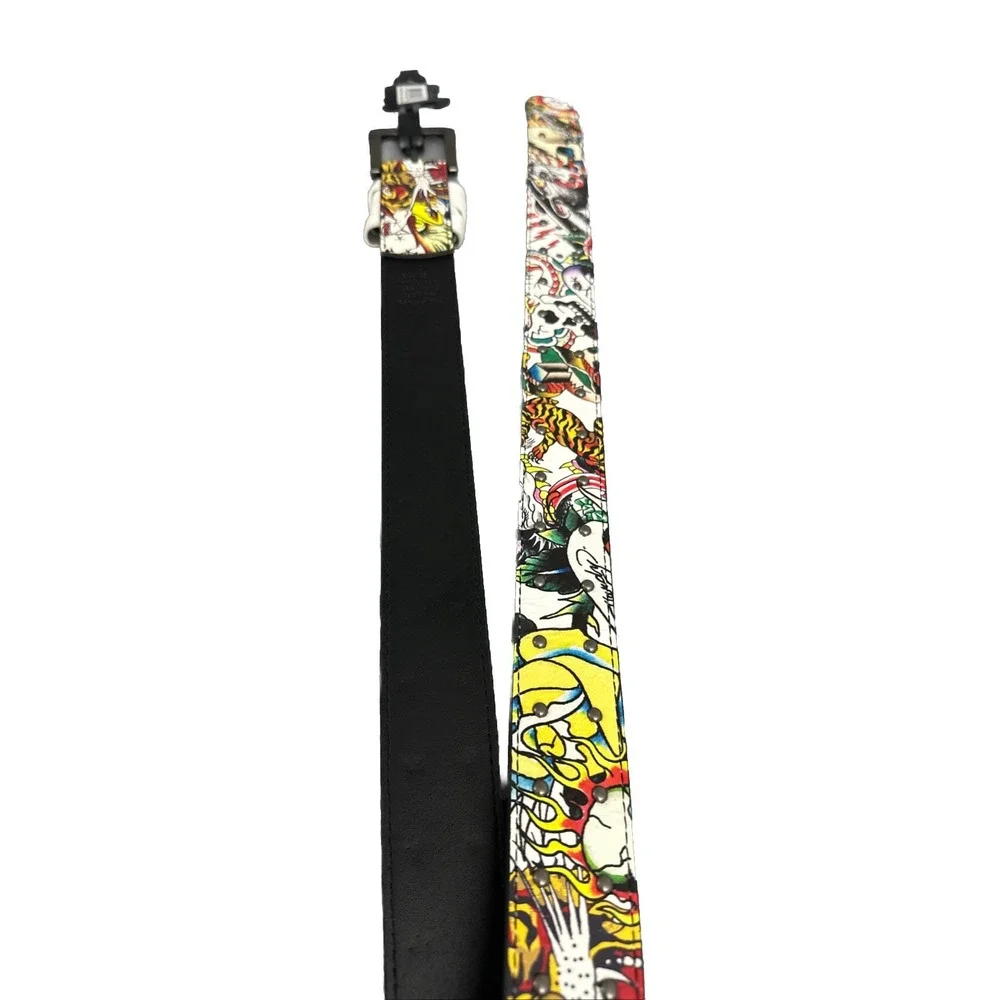 Ed Hardy Men's Skull Tiger Panther Print Belt With Hammered Rivet Studs SZ 42 NW